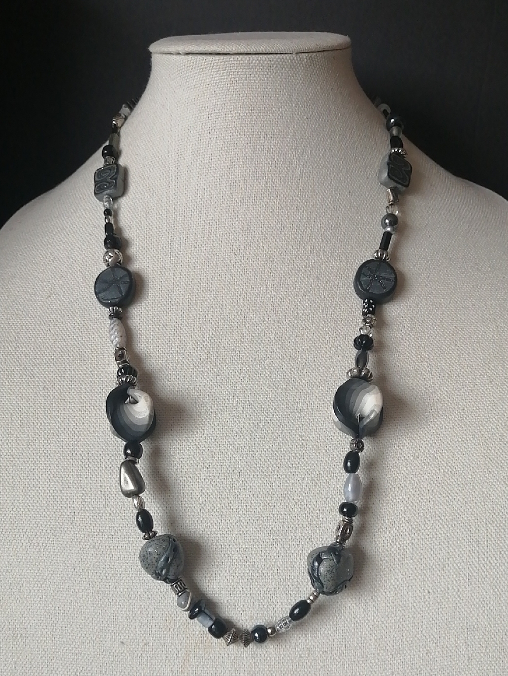 Vintage Bohemian Multi-media Glay Beads Gray Black Silver Necklace
